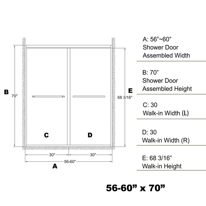 Topcraft 56“-60 ”W x 70 "H Aluminum Framed Sliding Shower Door - 60*70