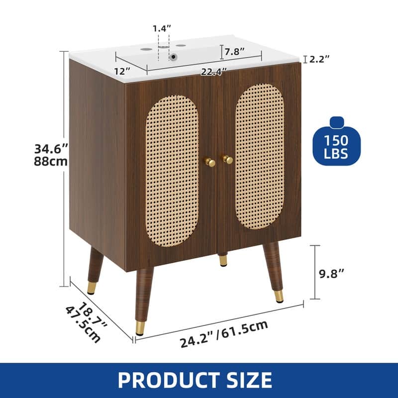 Moasis 24" Bathroom Vanity with Ceramic Sink, Rattan Double Door Cabinet and Drawer, Freestanding Solid Wood Legs