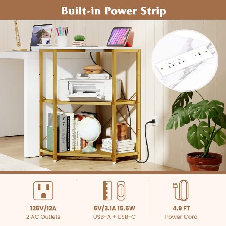 Metal and Engineered Wood Corner Printer Table with Power Strip and Adjustable Shelves - 20" L x 20" W x 31" H