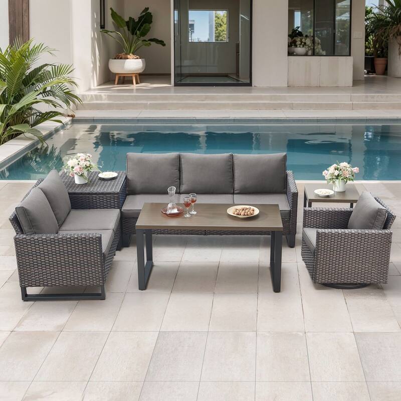 Gymojoy 6 Person Outdoor Patio Wicker Conversation Set Group With Swivel Chairs - Brown Wicker / Gray Cusion - 6-Piece