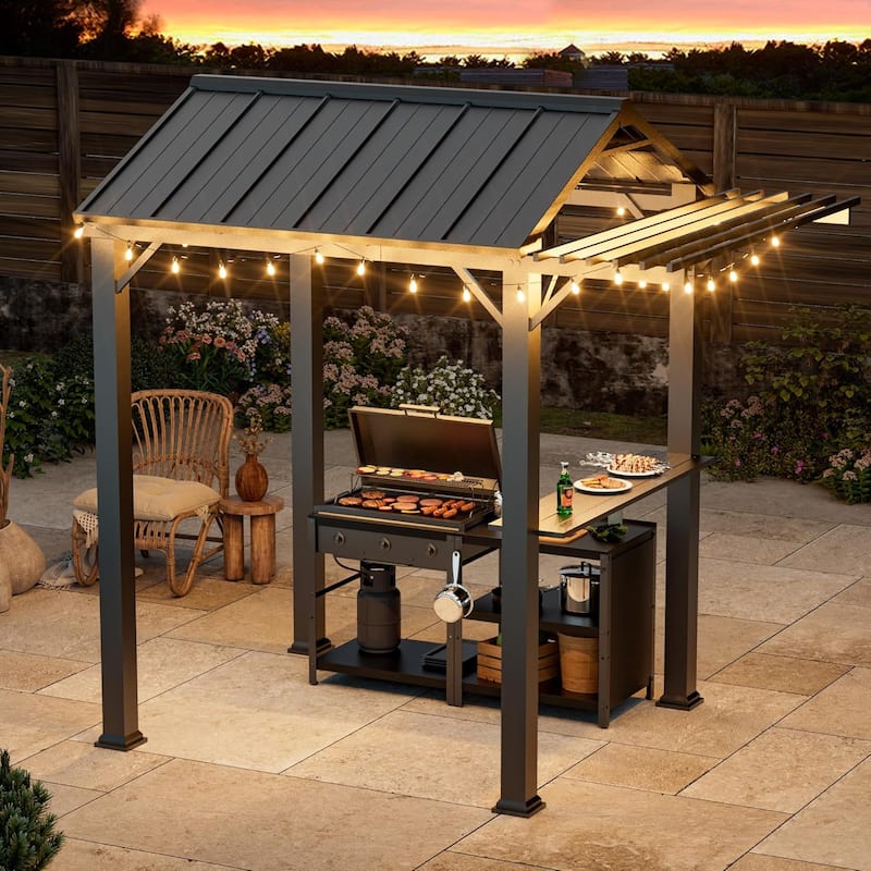 Grill Gazebo 6' x 8' with Galvanized Steel Roof and Pergola Extension,Black
