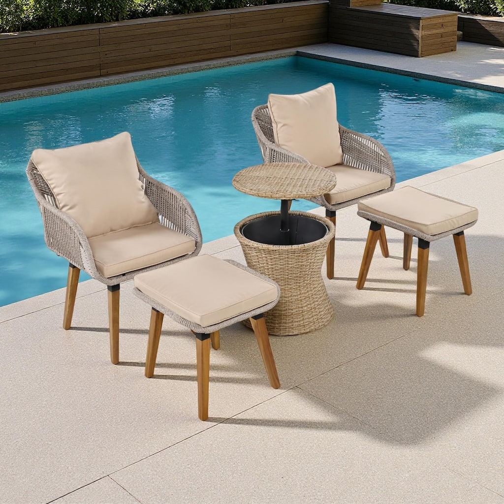 5-Pieces Outdoor Conversation Chair Bistro Set with Wicker Cool Bar Table and Ottomans