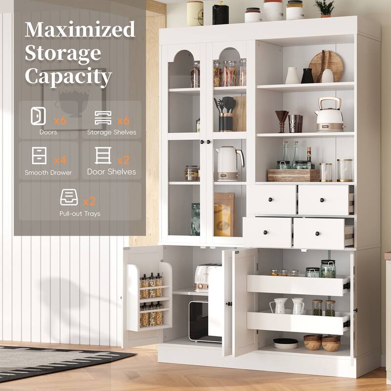 Roomfitters 75 Inch Tall Kitchen Pantry Buffet Hutch with 4 Drawers and Glass Doors, Shaker Style