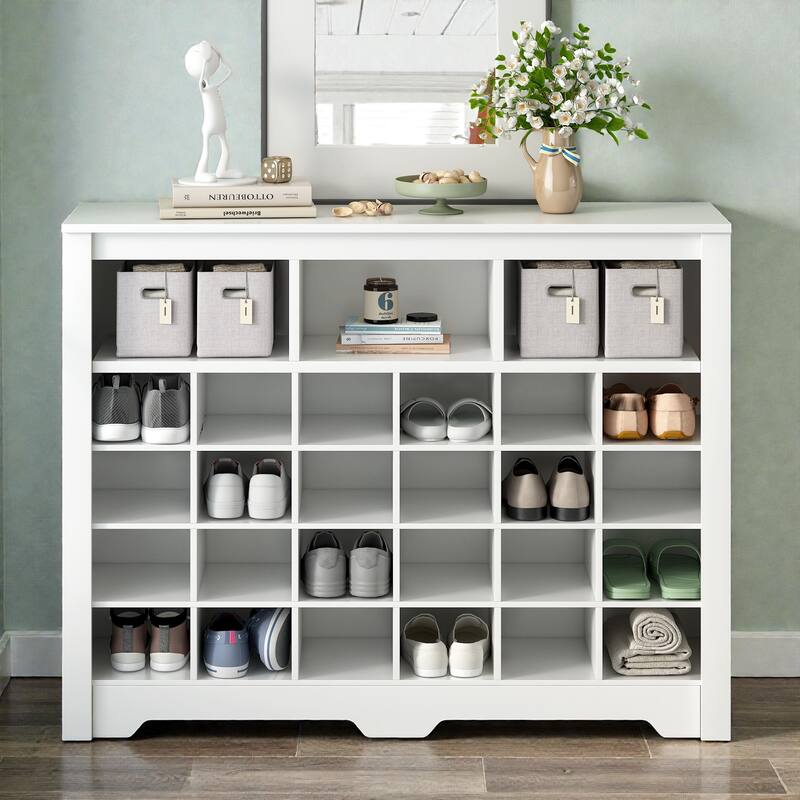 Modern 24 Cubby Shoe Cabinet, Sleek Shoe Storage Console with Curved Base for Entryway Hallway - White