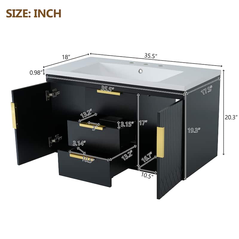36''Floating Bathroom Vanity - Solid Wood Wall-Mounted Cabinet with Resin Sink & 2 Soft-Close Drawers.