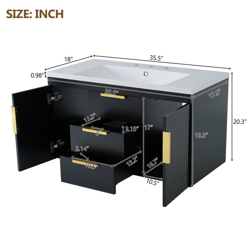 36 Inch Floating Bathroom Vanity with Sink, Wall Hung Cabinet with 2 Soft Close Drawers, Modern MDF Frame