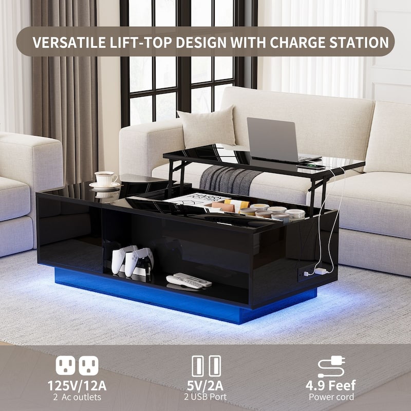 Meyreso 47" Modern LED Coffee Table with Lift Top, All Black Coffee Table with Storage High Gloss Surface