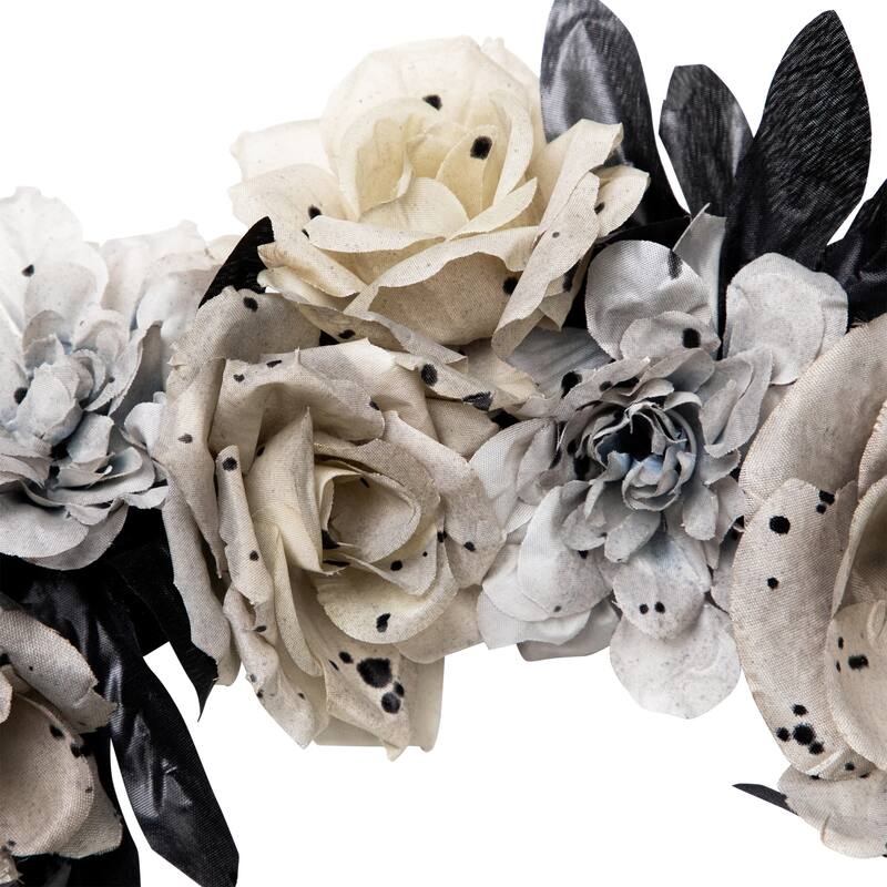 Double Skull and Gray Roses Halloween Wreath- 16" - Unlit