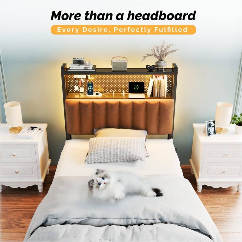 Adjustable Upholstered Headboard with 2 Tier Shelves with Charging Stations and LED Lights, Modern Bed Headboard with Storage