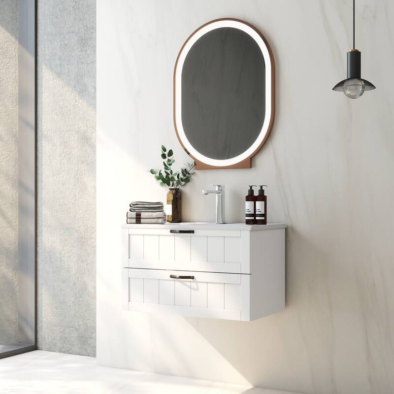GDFStudio - 31.5" Modern Style Bathroom Cabinet, Double Drawer with Decor Line, Wall-Mounted Vanity