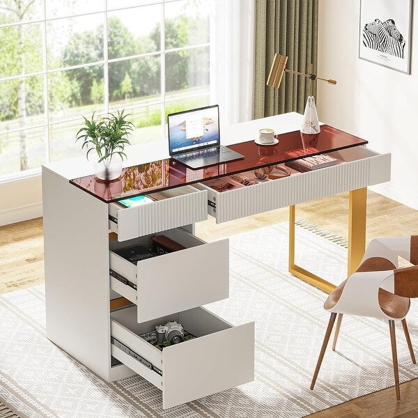 47 inch Modern Computer Desk with 4 Drawers Home Office Desk with Glass Top Makeup Vanity Table White