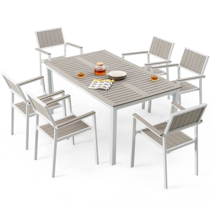 Outdoor Dining Set for 6, Patio Table with Umbrella Hole, Stackable Design - Brown
