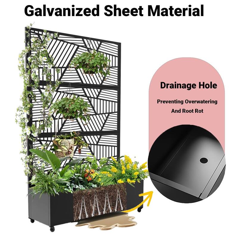 Metal Privacy Screen with Wheels – Galvanized Steel Garden Trellis & Planter Box for Climbing Plants/Vines