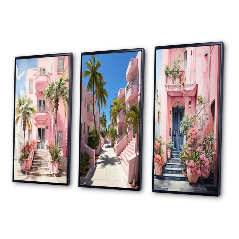 Designart "Pink Miami Artful Facades II" Floral Framed Wall Art Set Of 3 Frame Canvas Set For Living Room Decor