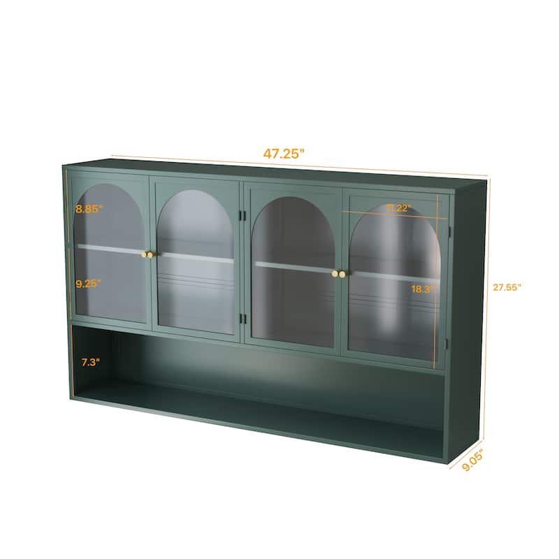 47.25" Four-door Glass Wall Cabinet Storage, Wall-mounted,Suitable for Kitchen, Living Room, Bathroom(Dark green)