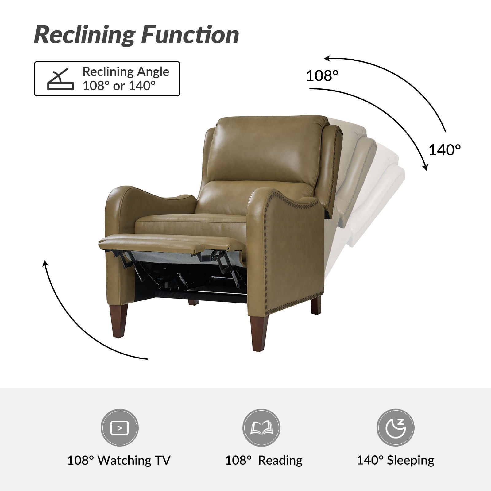 Brigida Cigar Genuine Leather Pushback Recliner with Nailhead Trim