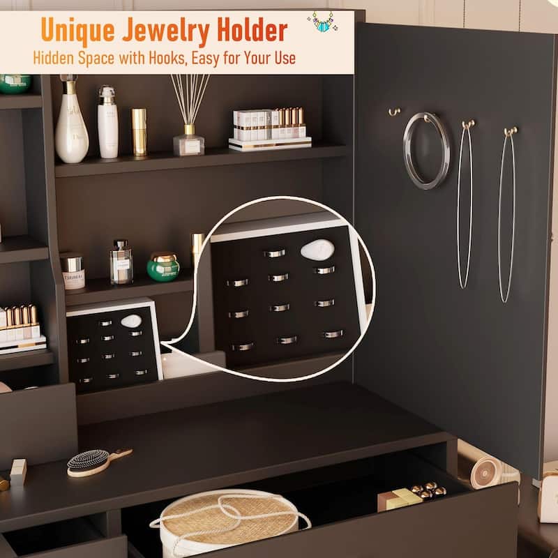 XINMICS Makeup Vanity Desk with Mirror and Lights & Charging Station