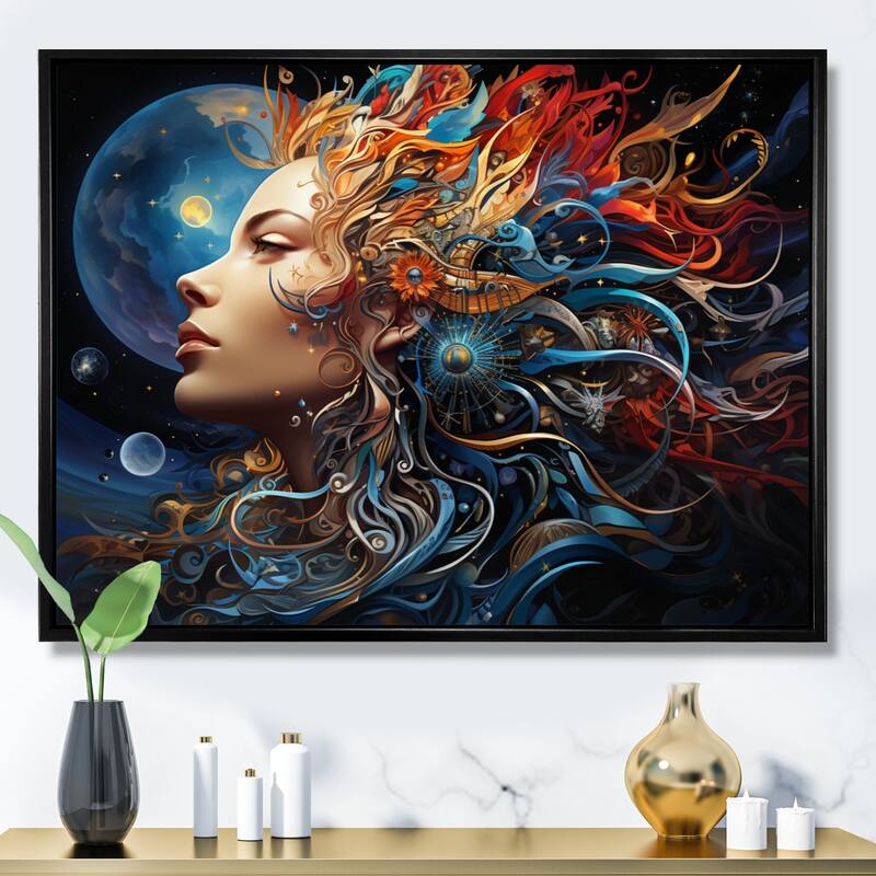 Designart "Surrealism Cosmic Surrender" Surrealism Framed Canvas Prints - 40 in. wide x 30 in. high - Black