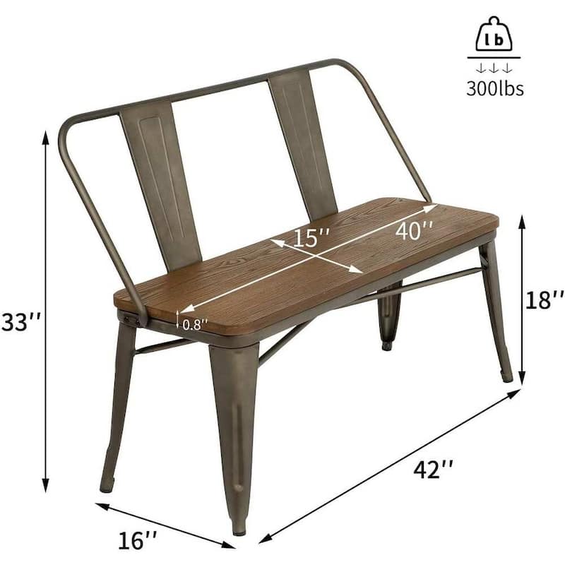 EROMMY 42in Metal Bench Industrial Mid-Century 3 Person Chair with Wood Seat, Dining Bench with Floor Protector - 42"