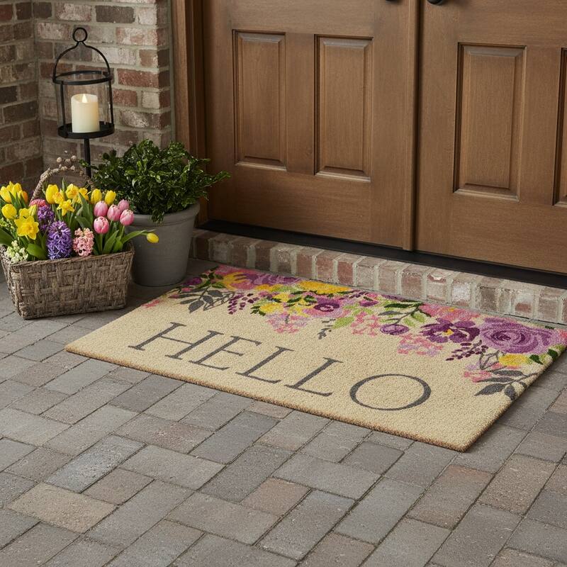 HomeRoots 30" X 48" Brown Gray And Purple Floral Hello Outdoor Coir Door Mat - 30.00' X '48.00 - 30.00' X '48.00