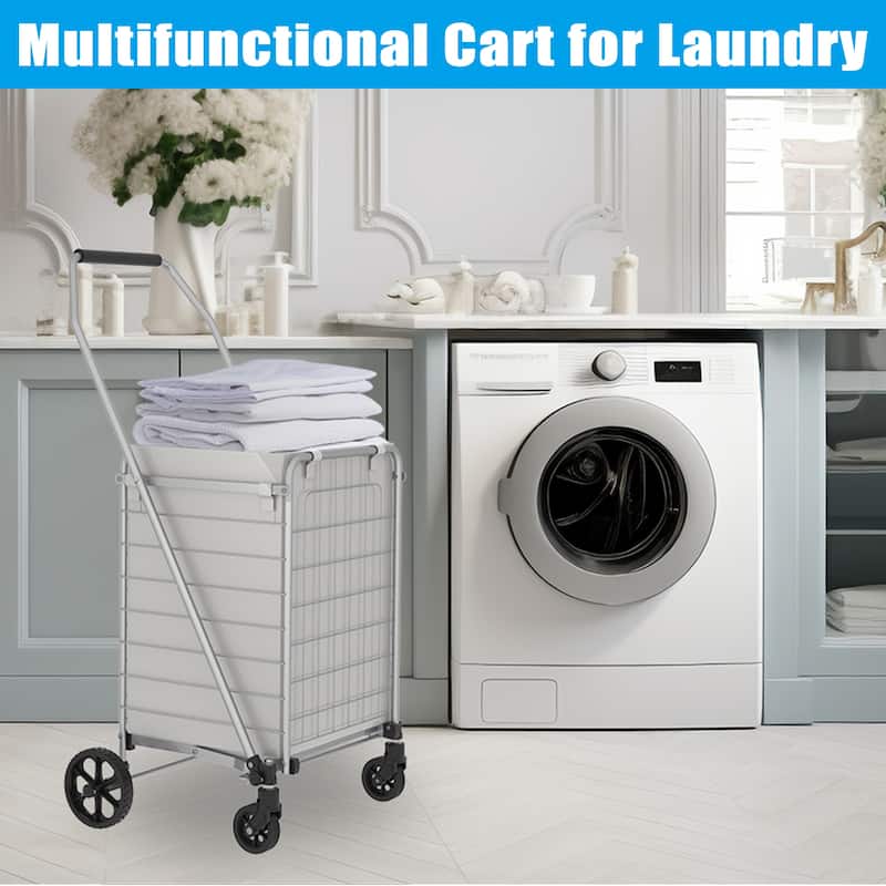 Foldable Grocery Shopping Cart with Shelf & Double Basket and 360 Rolling Swivel Wheels