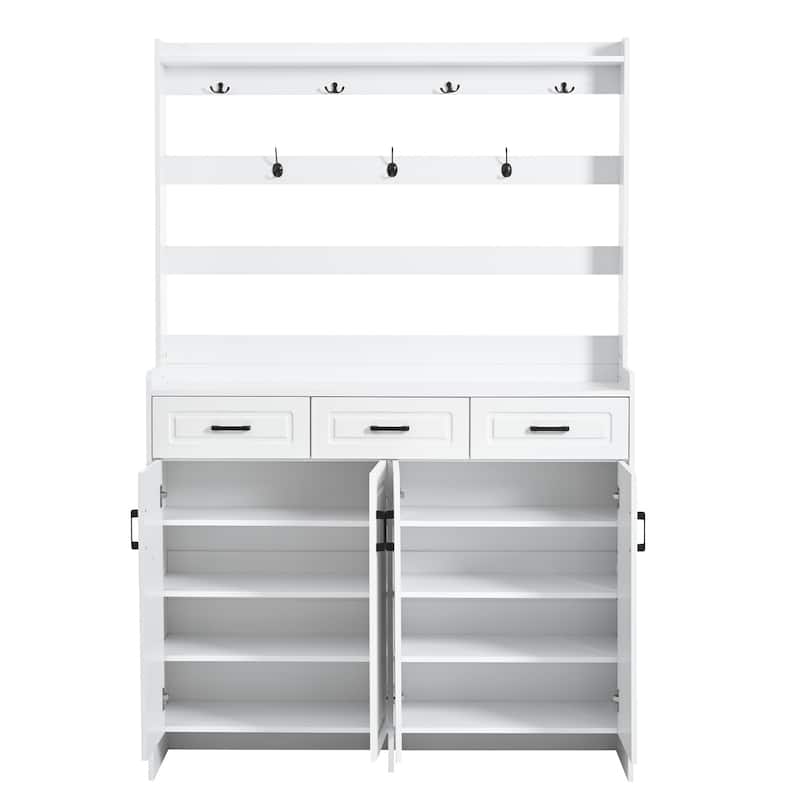 51.2" 4 Door Coat Rack with 3 Drawers,8 Shelves,Hooks and Handles