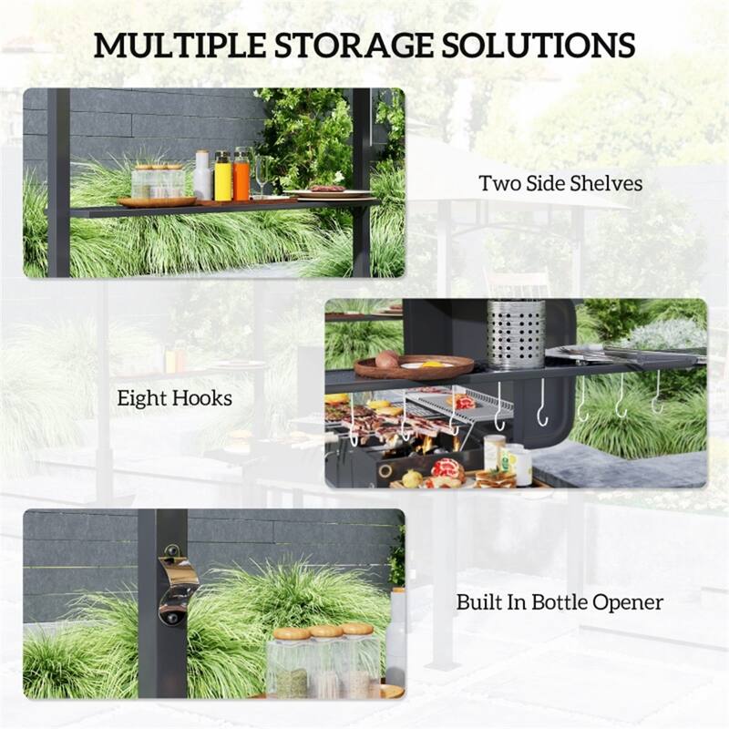 Khaki Double Roof Grill Gazebo with Shelves Hooks and Lights for Outdoor BBQ Cooking Station - 95.7" L x 58.3" W x 97.6" H
