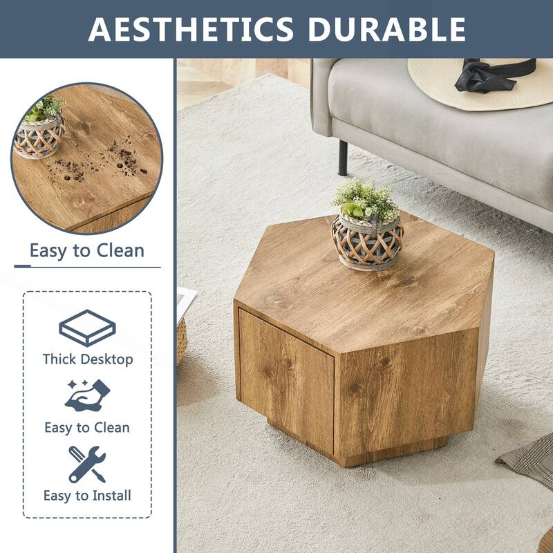 Unique Hexagonal Coffee Table with Practical Drawer and Quality Materials