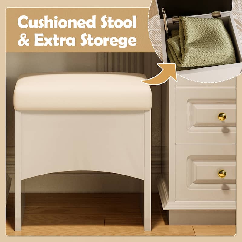 Vanity Desk with 10 Hollywood Bulbs & Stool, Multi-functional Vanity Set, Dressing Table with Charging Station & 9 Drawers