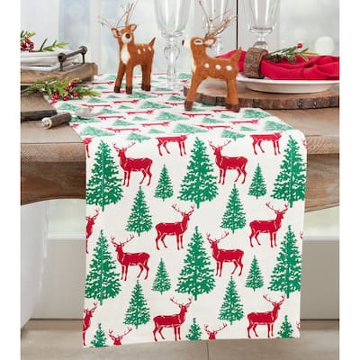 Holiday Table Runner With Deer and Christmas Trees Design