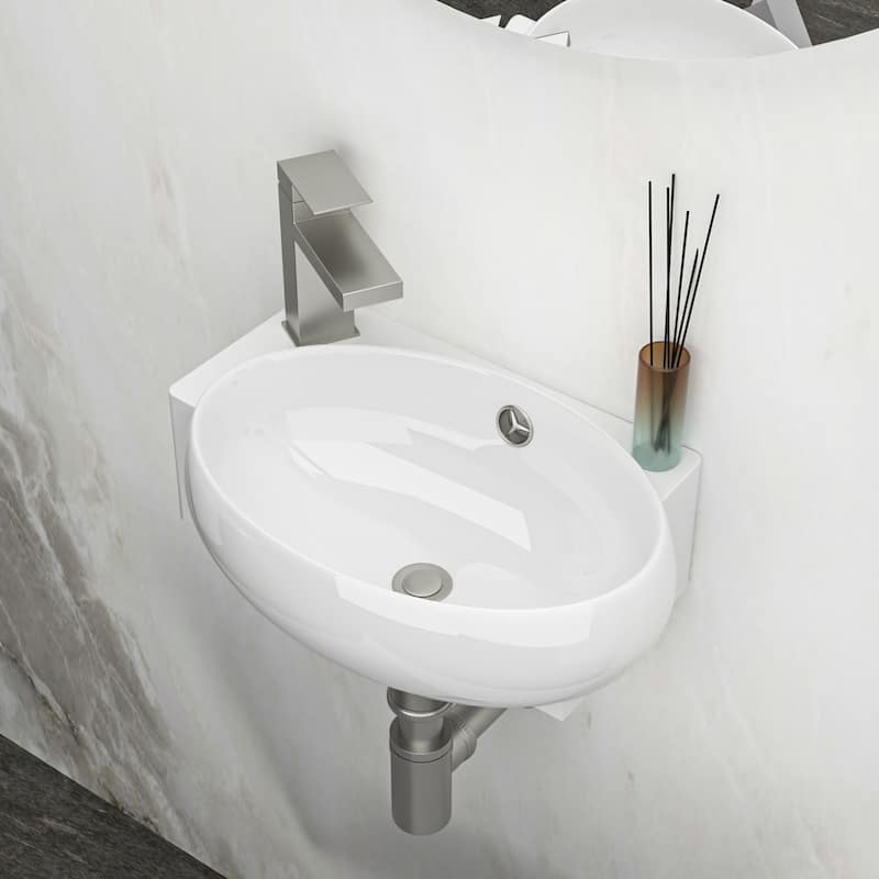 Modern 16-Inch White Ceramic Floating Bathroom Sink, Wall Mount with Single Faucet Hole - 16.5in L Ceramic - 16.5in L White+left