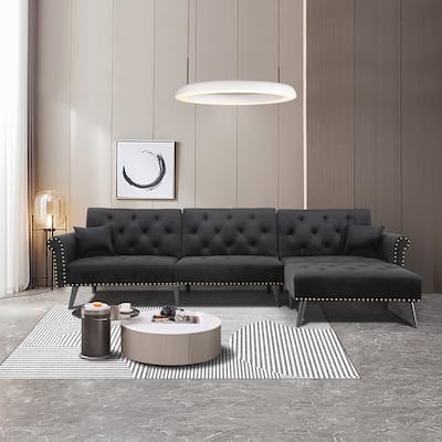 EYIW Modern Velvet Upholstered Reversible Sectional Sofa Bed , L-Shaped Sleeper Couch with Movable Ottoman and Nailhead Trim