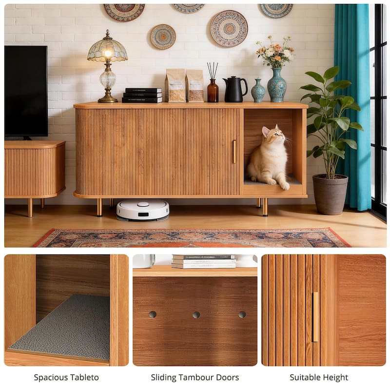 38.5" Cat Litter Box Enclosure with Scratch Pad and Sliding Door,Cat Hidden Litter Box Cabinet,Modern Indoor Cat House,TV Stand