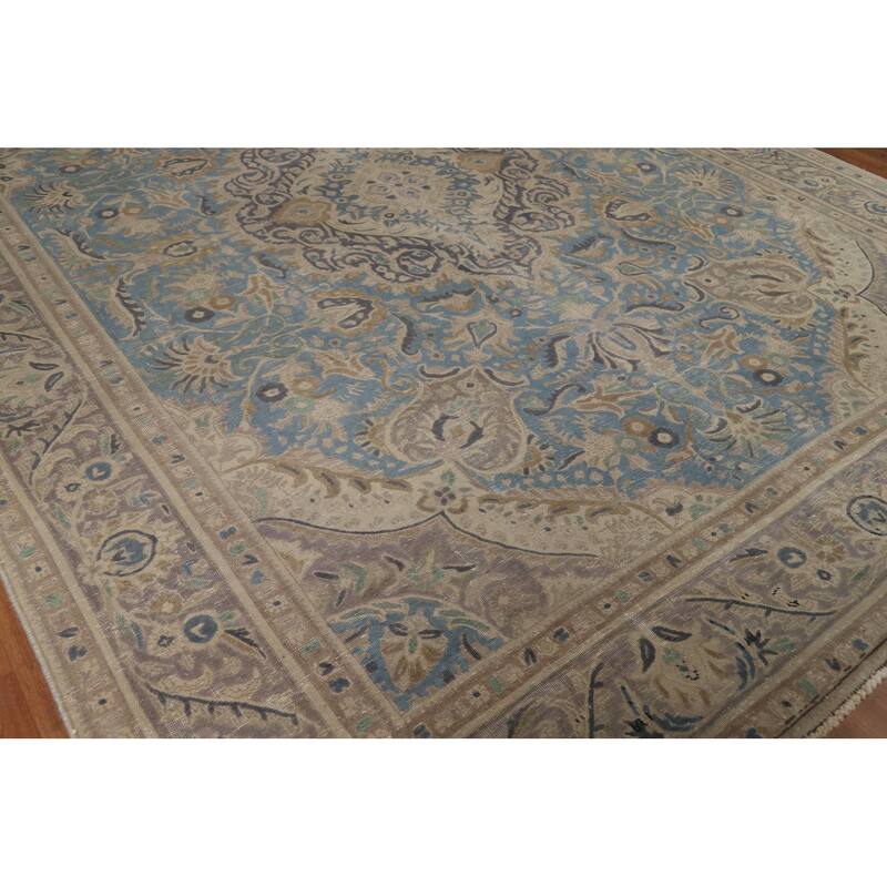 Floral Tabriz Persian Area Rug Hand-Knotted Blue Wool Carpet - 9'10"x 12'10"