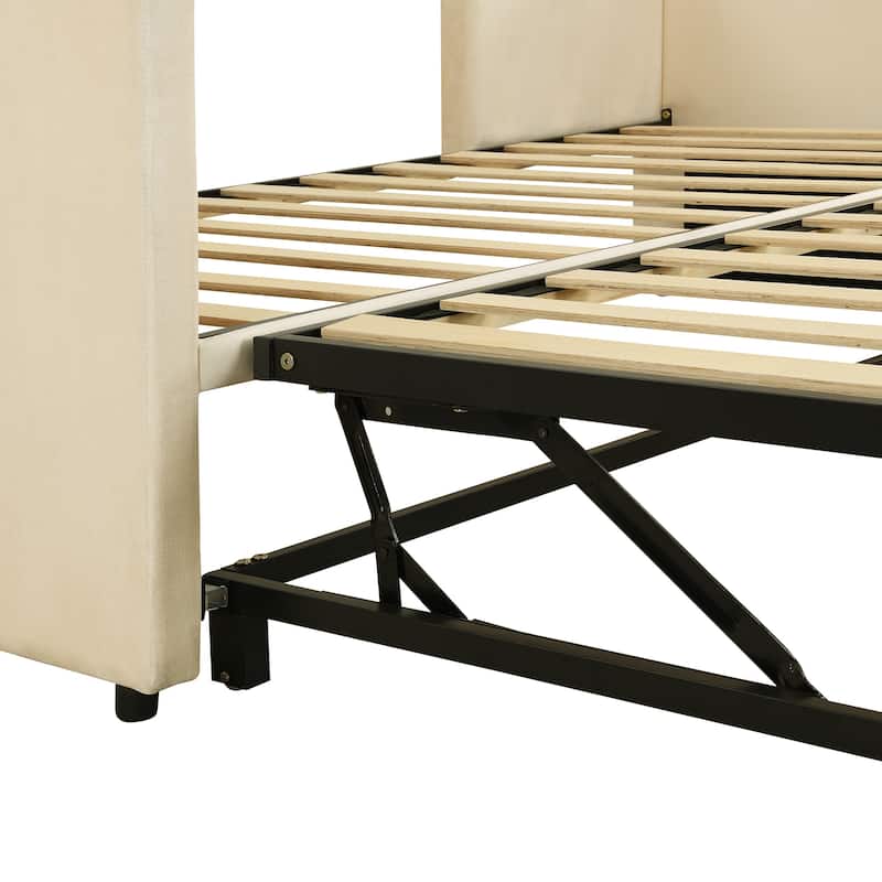 Beige Upholstered Twin Size Daybed with Pop Up Trundle, Multi-Functional Design