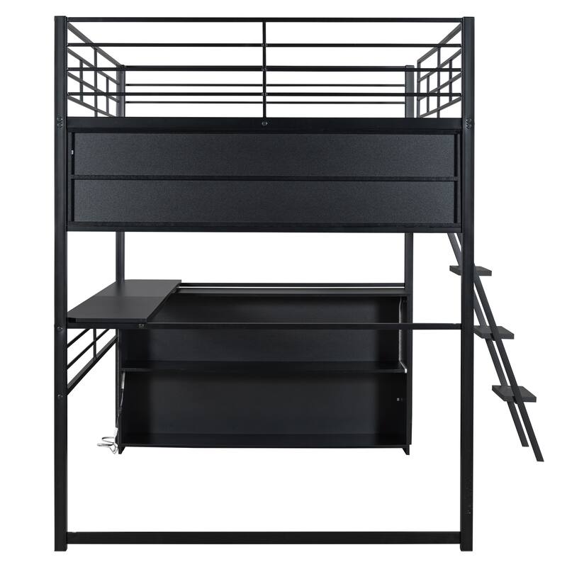 Full Size Loft Bed with Desk, LED Shelves, and Storage - Metal Frame with Guardrails and Ladder, Space-Saving Design for Teens