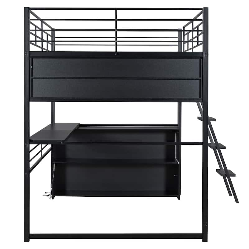 Full Size Metal Loft Bed with LED Desk & 4-Tier Storage (250lb Capacity)