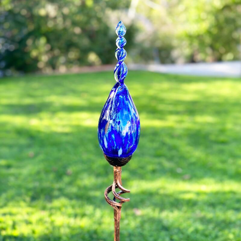 Exhart Solar Pearlized Hand Blown Glass Twisted Flame Garden Stake with Metal Finial Detail, 36 Inch