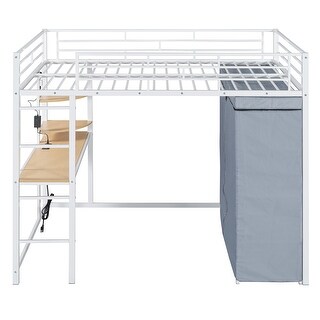 Full Loft Bed with Desk, Shelves, Power Outlet, LED Light & Wardrobe