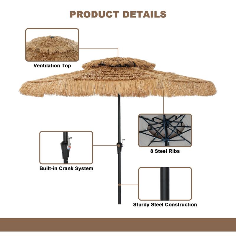 Clihome 9 Ft. Outdoor Double Top Hawaiian Style Thatch Umbrella