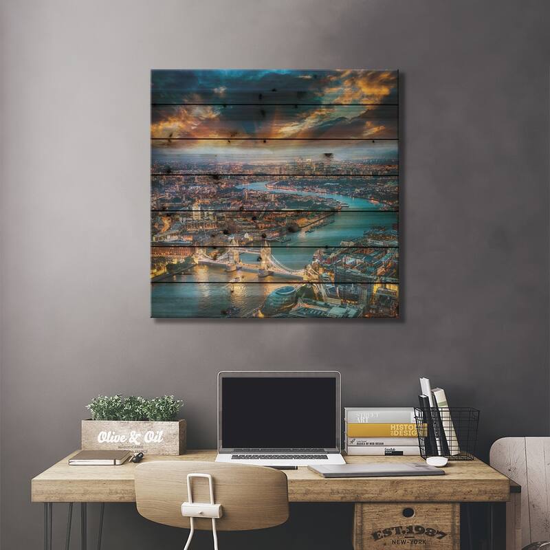 London Aerial View Of Tower Print On Wood by Paul Rommer - Multi-Color