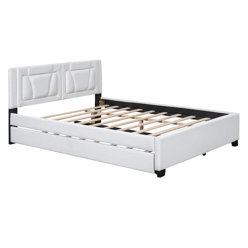 White Queen Size Upholstered Platform Bed with Headboard and Twin Size Trundle