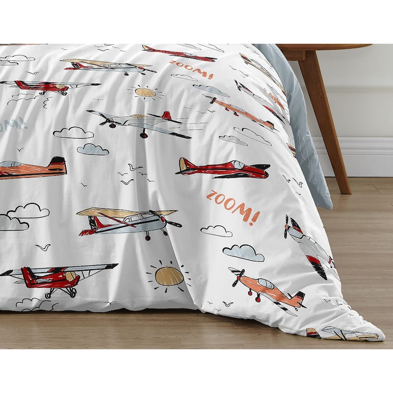 Vintage Airplane Boy 2pc Twin Comforter Set - Grey Yellow Orange Red White Blue Airplanes Air Plane Transportation Clouds Sky
