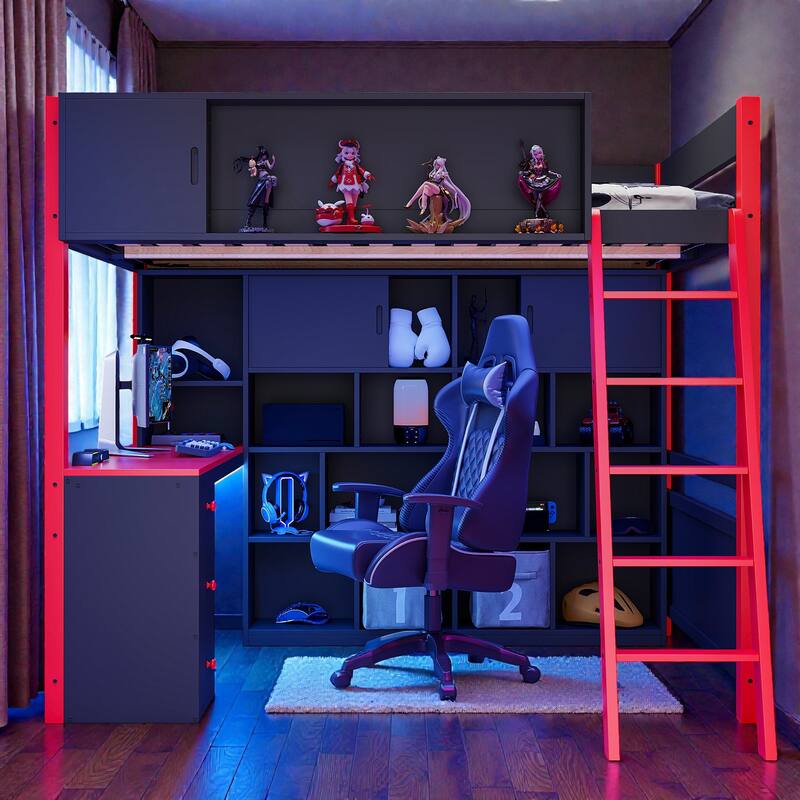 Full Size Gaming Loft Bed with Desk, LED Light, Storage Shelves and Drawers, Wood Loft Bed Frame for Teens Kids - Red - Full