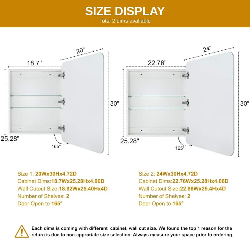 TEHOME Frameless Rectangle Recess & Surface Mount Cabinet with Mirror for Bathroom