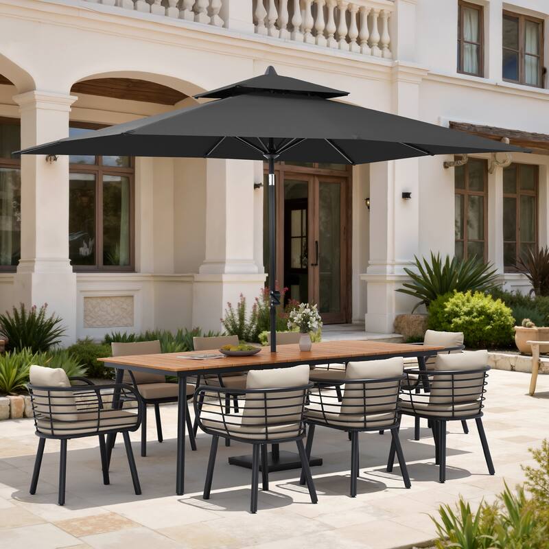 11PC Outdoor Patio Dining Set Aluminum Table with Sunbrella Cushion Chairs w/ Market Umbrella Sets