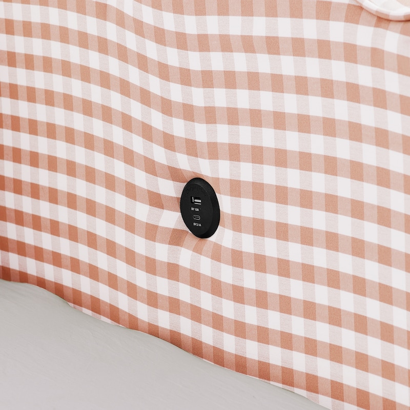 Full/Queen Gingham Daybed with 2 Storage Drawers, USB Port & Wave Shaped Linen Fabric