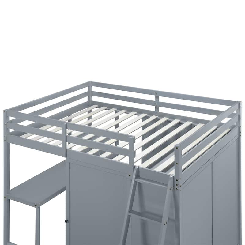 Merax Loft Bed with Wardrobe and Desk and Shelves