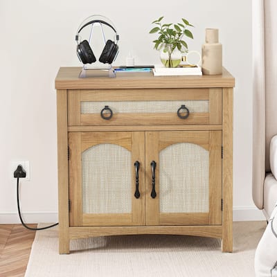 Moasis Farmhouse Side Table Rattan Nightstand with Power Outlets & 2-Door Cabinet and Drawer