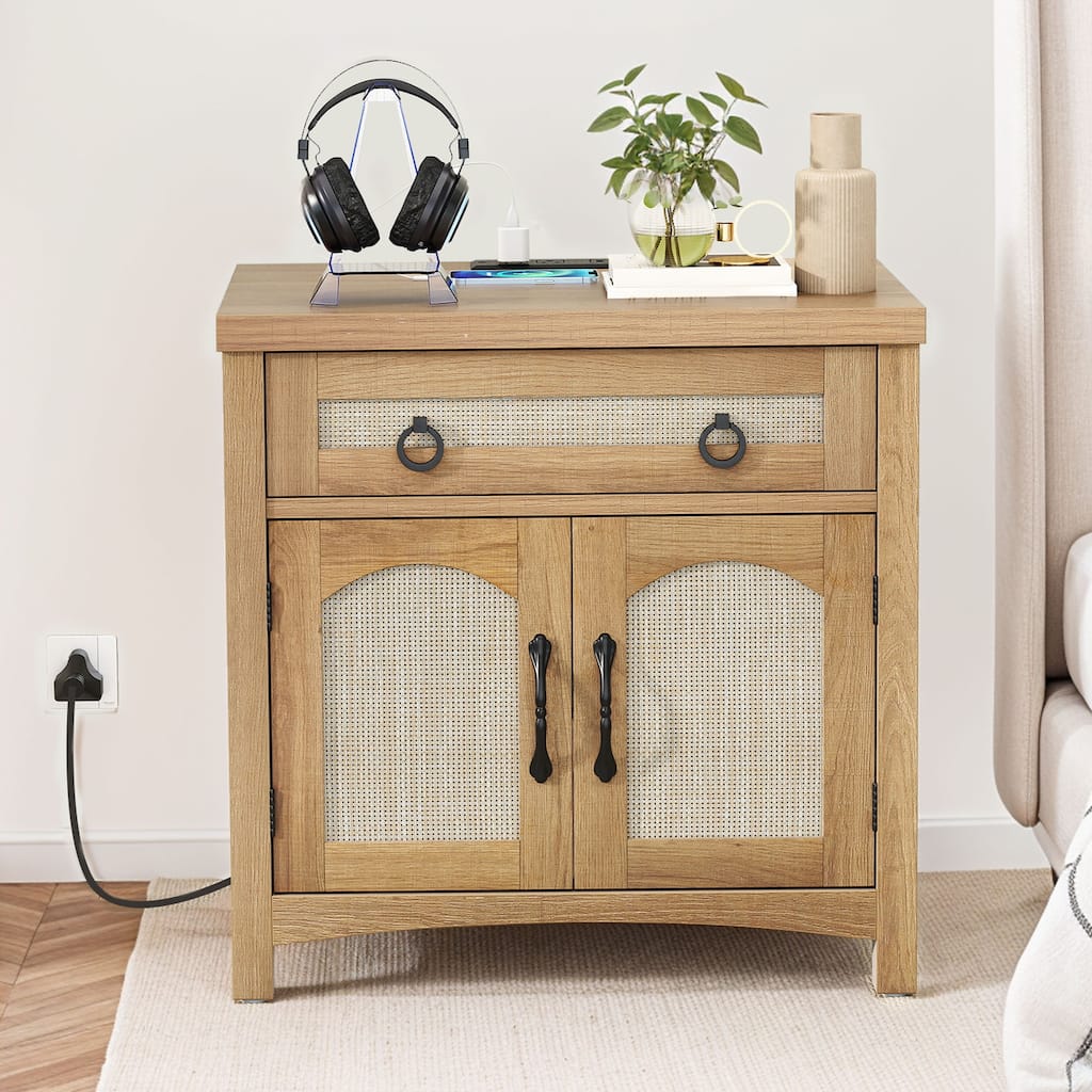 Moasis Farmhouse Side Table Rattan Nightstand with Power Outlets & 2-Door Cabinet and Drawer